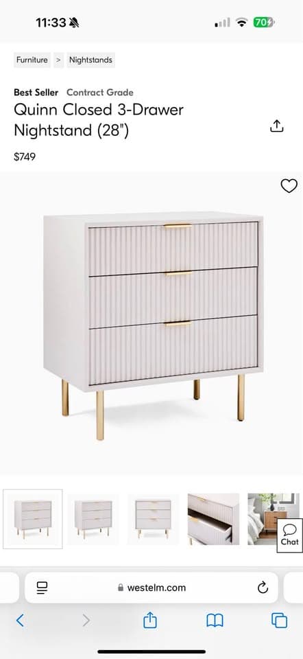 West Elm Quinn Closed 3-Drawer Nightstand (28")