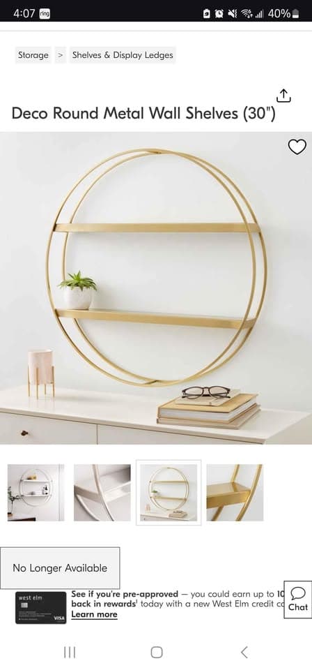 West Elm Set Of Two Deco Round Metal Wall Floating Shelves in Gold/Brass Brushed Finish